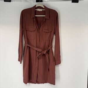 Cloth & Stone Belted Mini Shirt Dress Womens Med Brown Long Sleeve